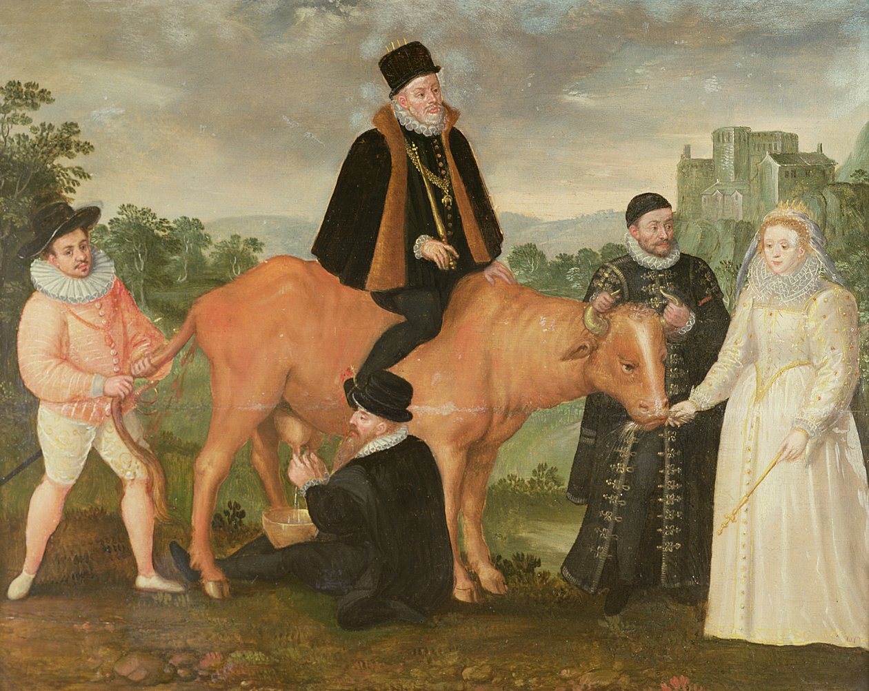 Porträt von Philipp II. (auf einer Kuh reitend), der Herzog von Alençon, der Herzog von Alba, Wilhelm von Oranien und Königin Elisabeth I. von Philip Moro