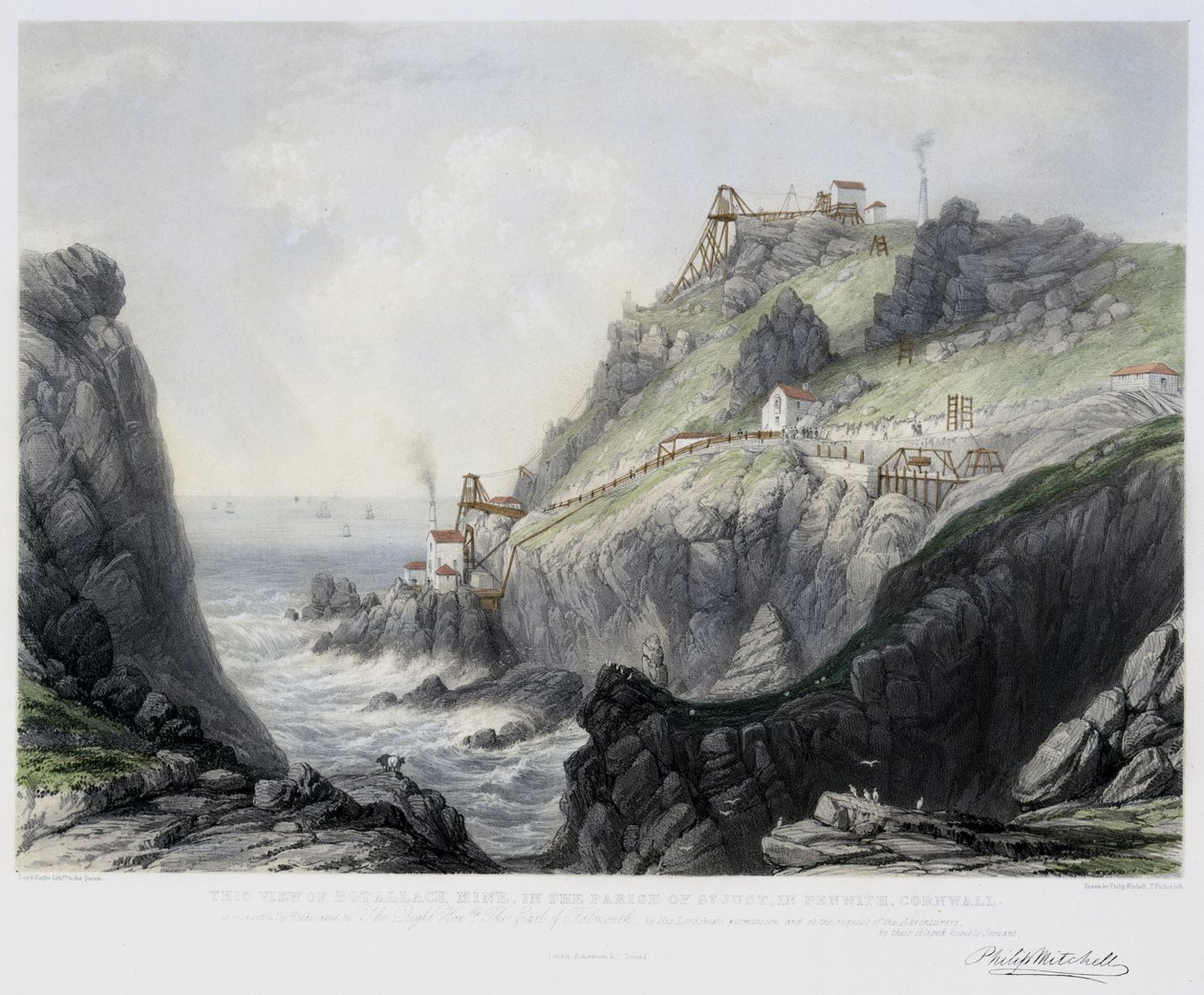 Die Ansicht der Botallack Mine, in der Gemeinde St. Just in Penwith, Cornwall, graviert von Thomas Picken, 1840 von Philip after Mitchell