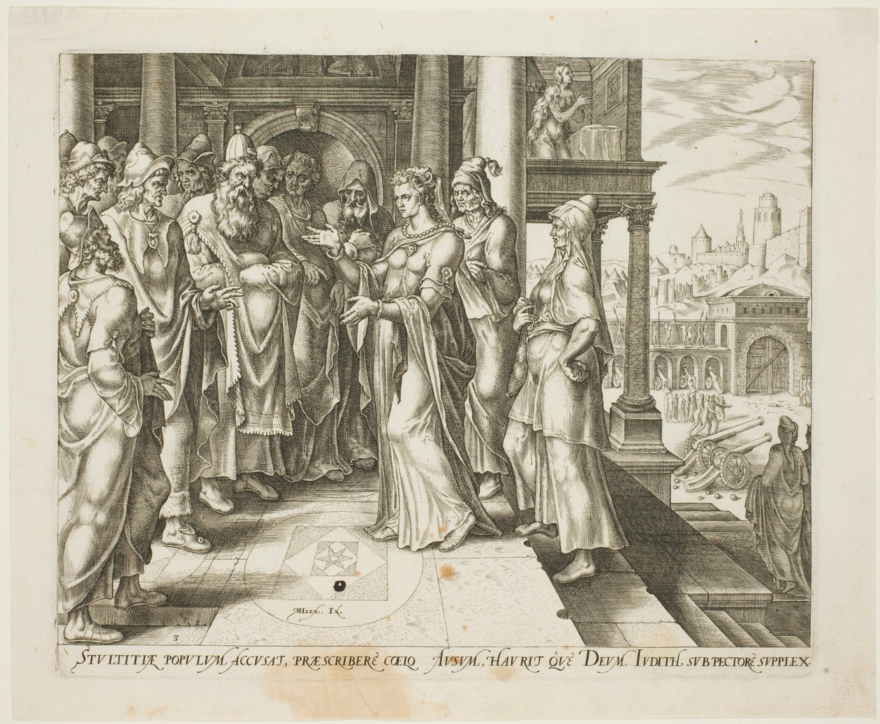 Judith spricht zu den Ältesten von Bethulia, Platte drei aus Die Geschichte von Judith und Holofernes von Philip Galle
