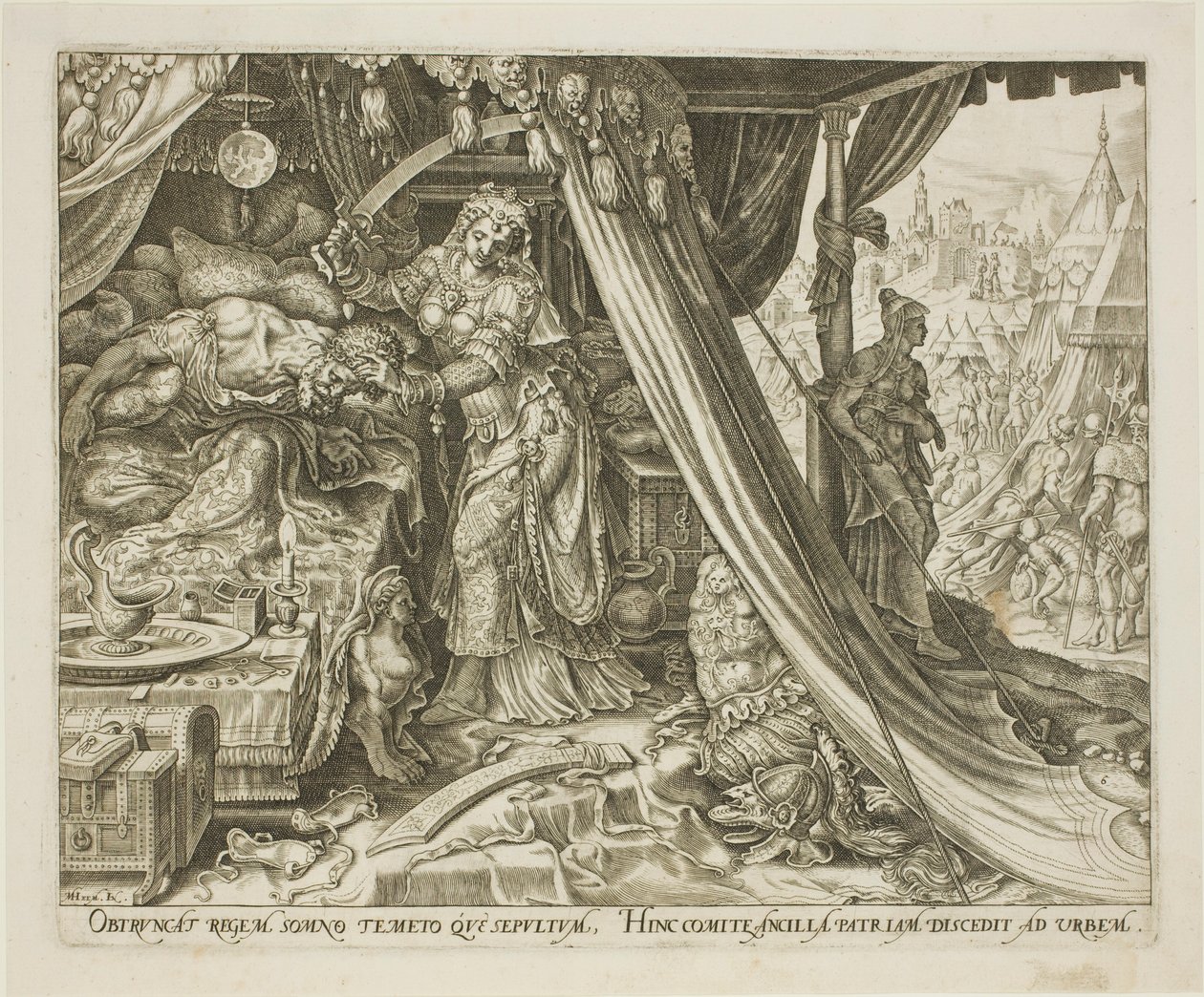 Judith tötet Holofernes, Platte sechs aus Die Geschichte von Judith und Holofernes von Philip Galle