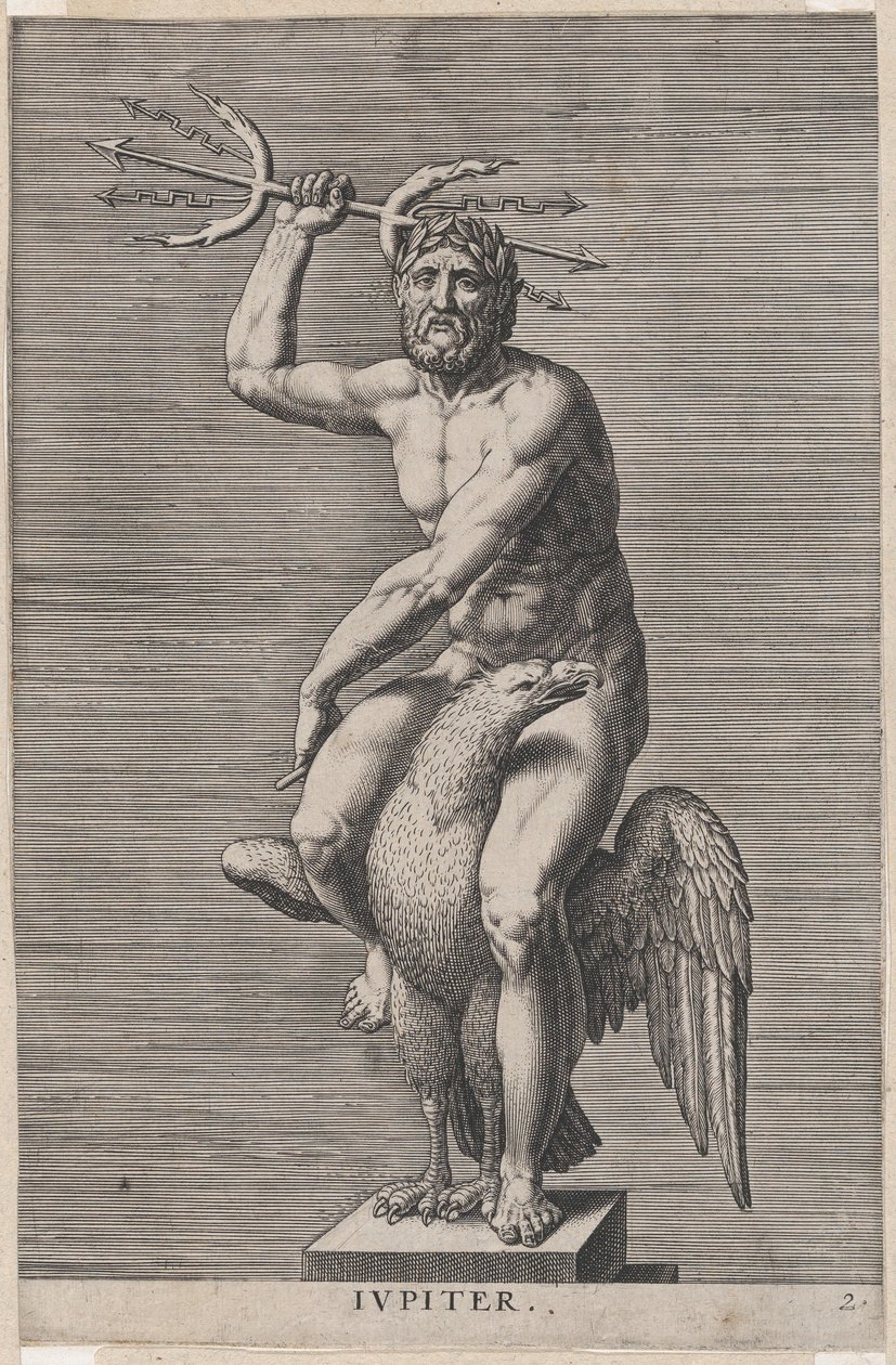 Tafel 2: Jupiter, Statue des nackten Gottes, der auf einem Adler sitzt und einen Doppeltrident hält, 1586 von Philip Galle