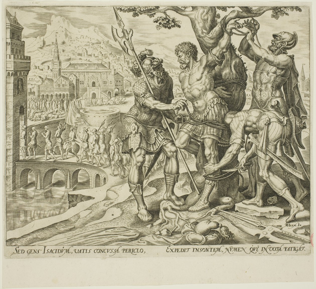 Die Israeliten finden Achior an einen Baum gebunden, Platte zwei aus Die Geschichte von Judith und Holofernes von Philip Galle
