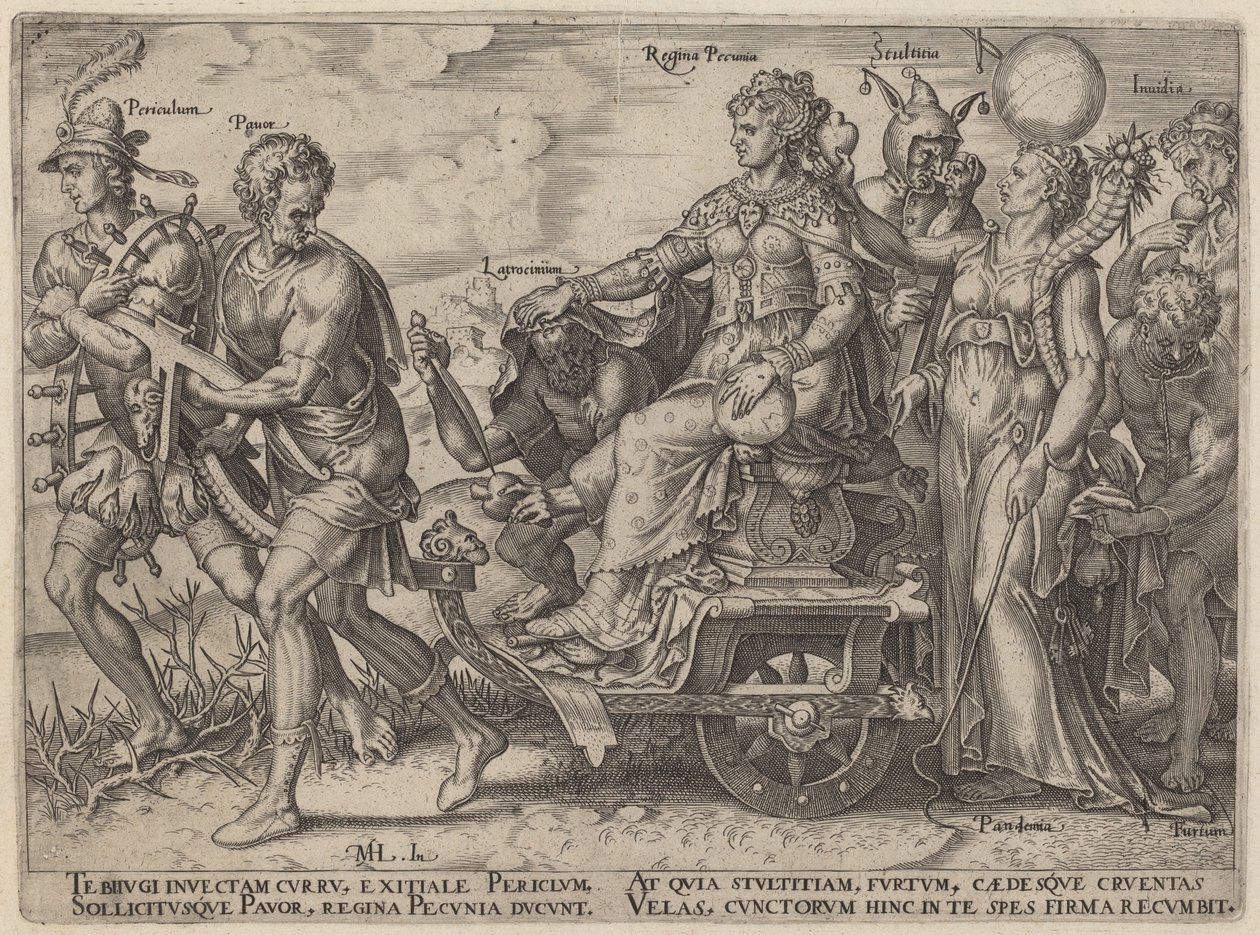 Periculum, Pauor, Latrocinium, Regina Pecunia, Stultitia, Invidia (Gefahren und Laster, die Reichtum begleiten) von Philip Galle, after Maerten van Heemskerck