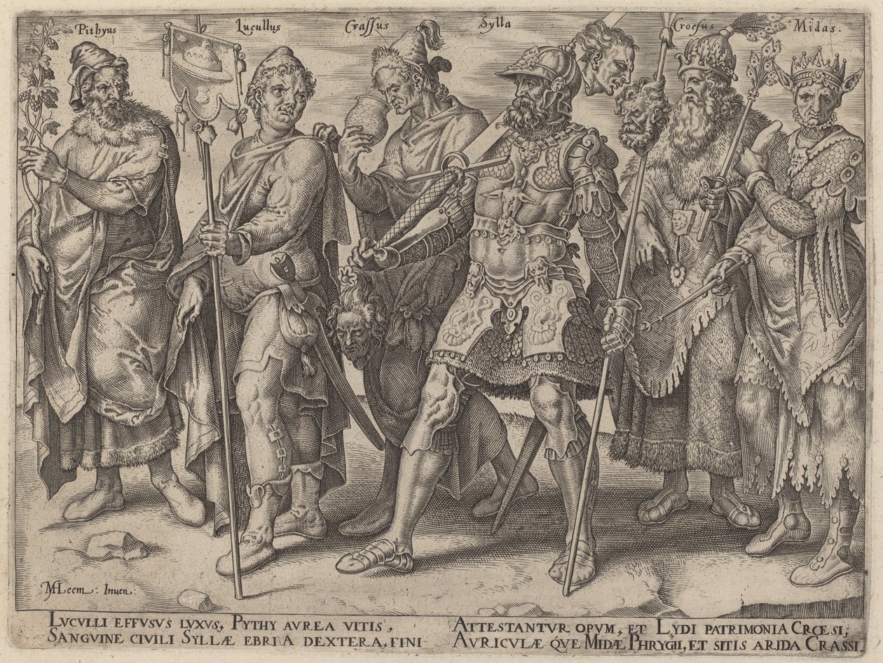 Pythius, Lucullus, Crassus, Sylla, Kroisos, Midas (Berüchtigte Beispiele von Reichtum aus der Antike) von Philip Galle, after Maerten van Heemskerck