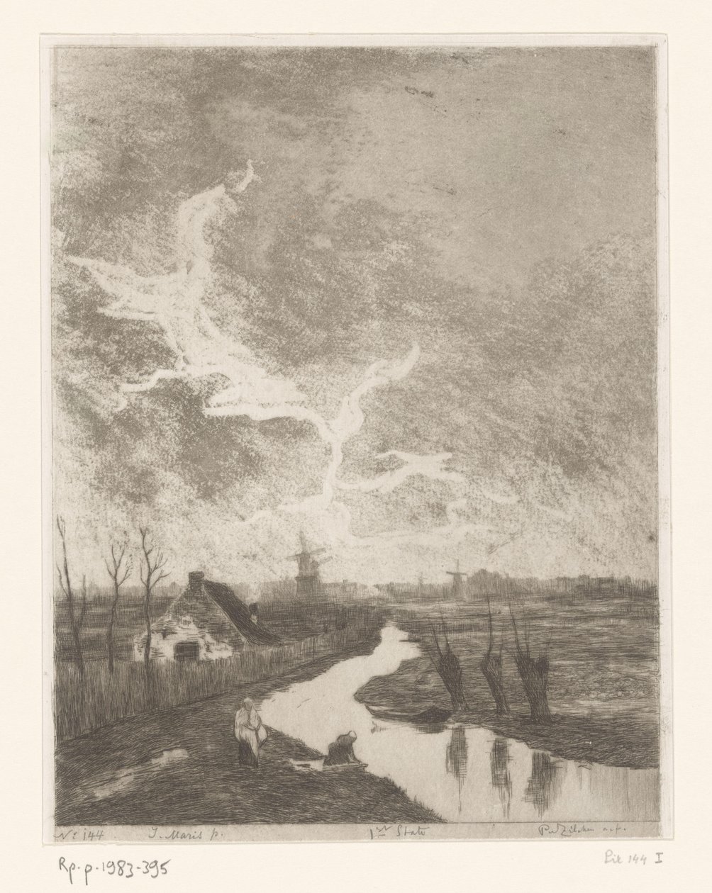 Weidelandschaft mit Graben, Bauernhof und Mühlen von Philip Zilcken (signed by artist)