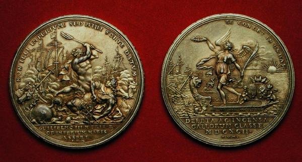 Medaille zur Erinnerung an die Schlacht von La Hogue im Jahr 1692 von Philipp Heinrich Mueller