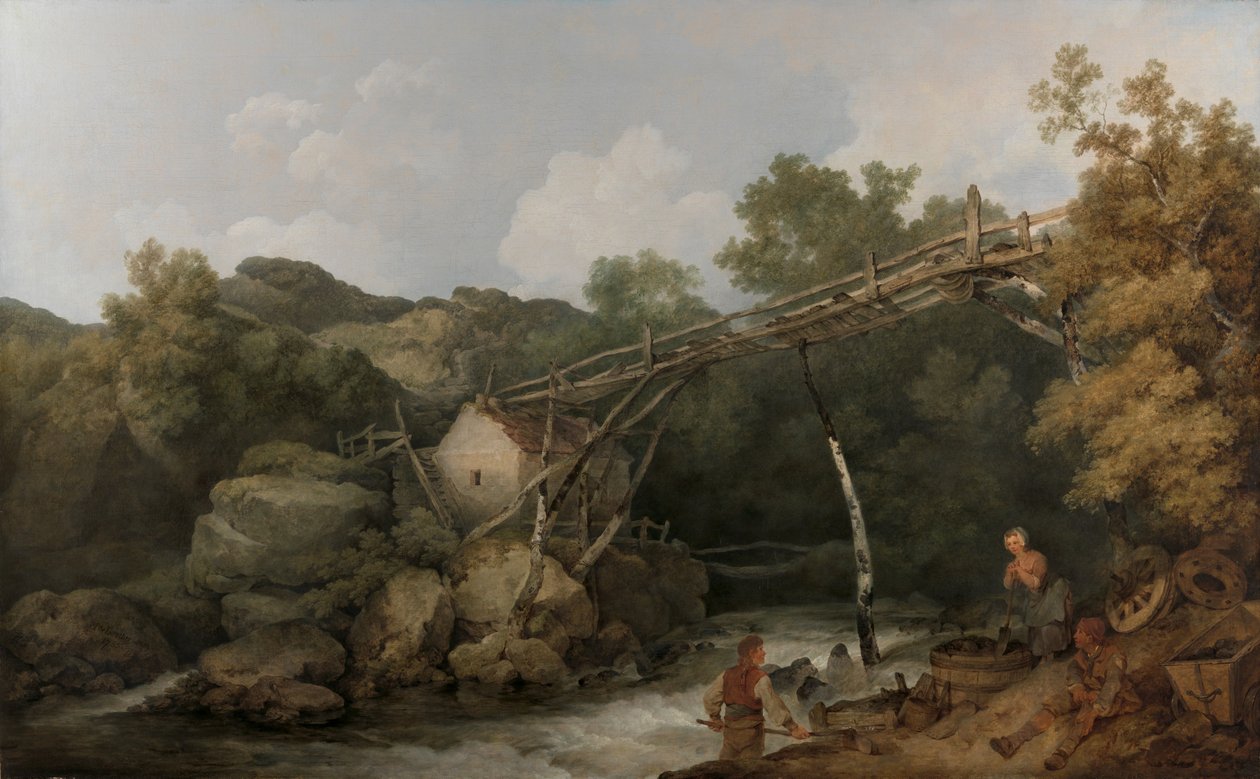 Eine Ansicht in der Nähe von Matlock, Derbyshire mit Figuren, die unter einem Holzförderer arbeiten von Philippe-Jacques de Loutherbourg