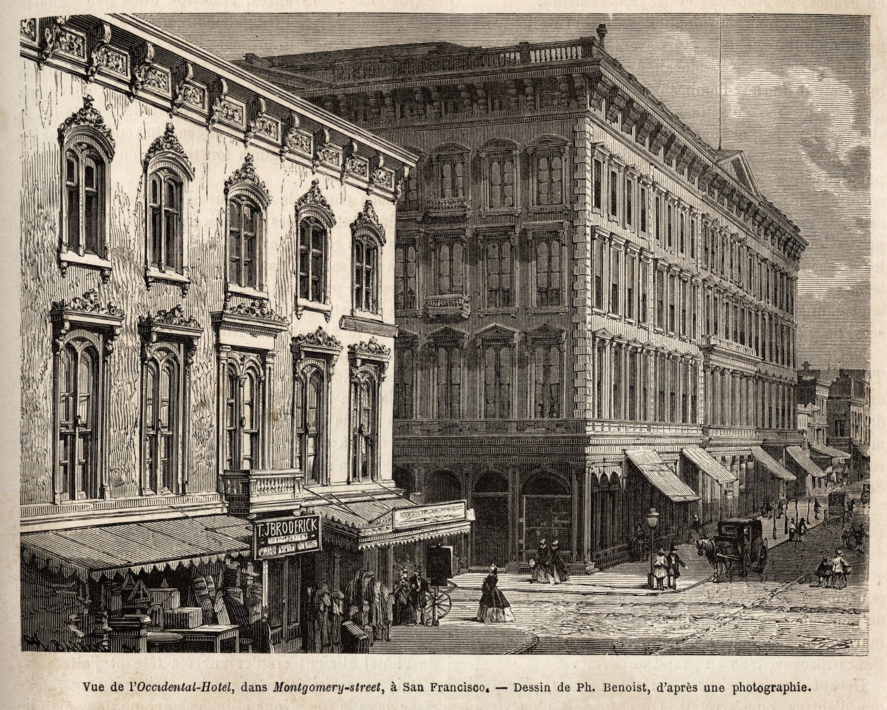 Ansicht des Occidental Hotels (Occidental Hotel), in der Montgomery-Straße (Montgomery street), San Francisco (Kalifornien), Gravur nach der Zeichnung von Ph. Benoist, zur Illustration der Reise von Washington nach San Francisco, 1868, von L. Simonin, verö von Philippe Benoist