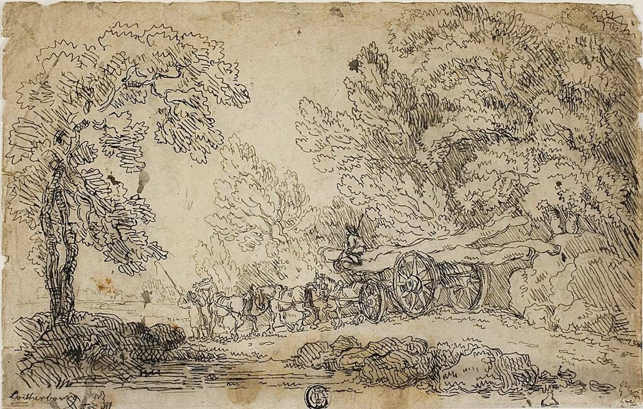 Holztransport im Wald (recto); Skizzen von Menschen bei verschiedenen Aktivitäten (verso) von Philippe Jacques de Loutherbourg II