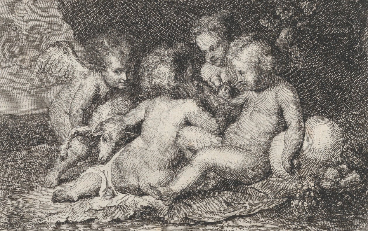 Eine Gruppe von drei Kindern und ein Putto mit Früchten und einem Lamm von Philippe Lambert Joseph Spruyt