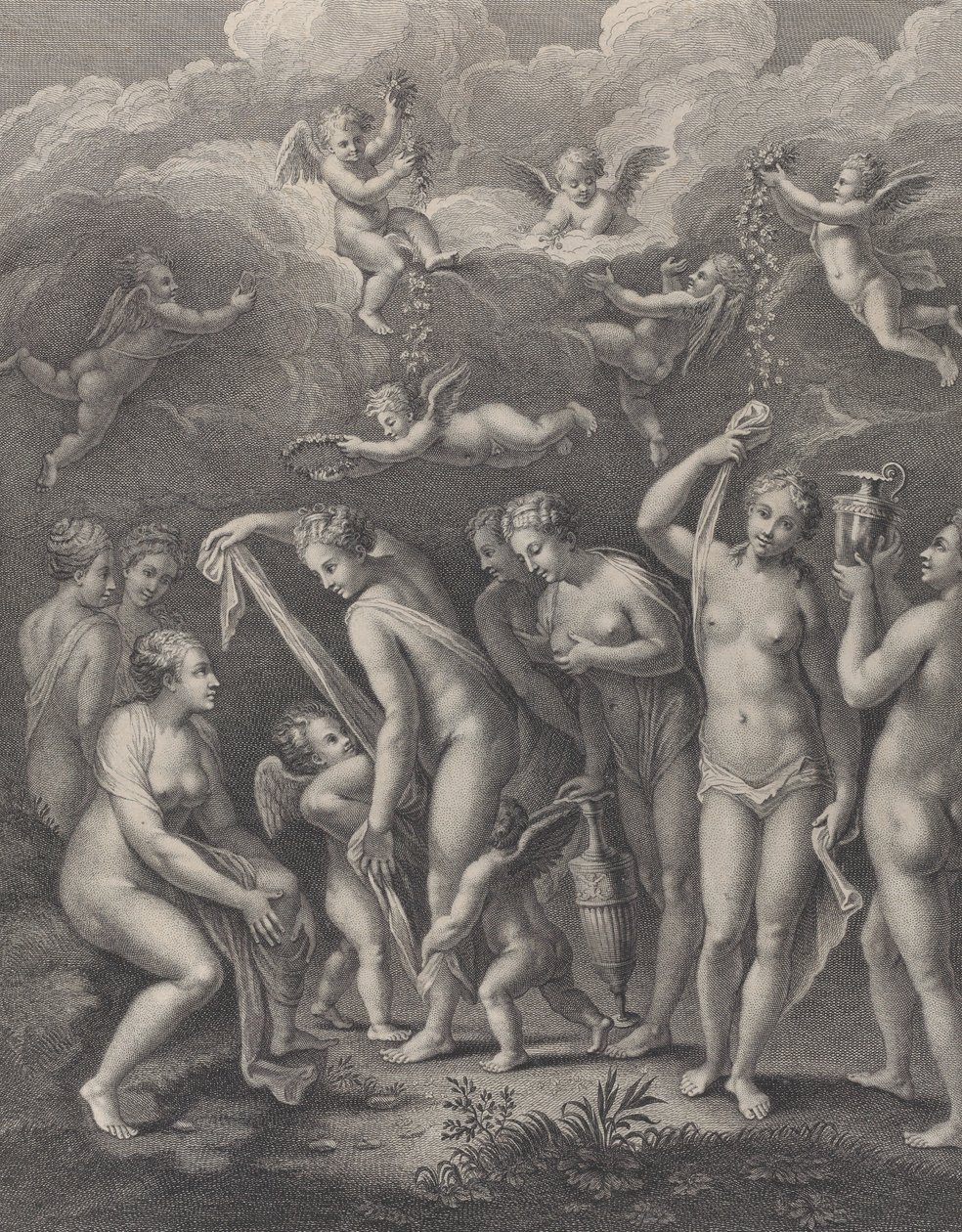Hera, Aphrodite und Athena bereiten sich auf den Schönheitswettbewerb vor, ca. 1729-40 von Philippe Simonneau