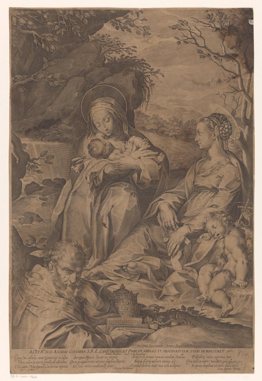 Heilige Katharina von Siena mit dem Christuskind, Maria, einem schlafenden Johannes dem Täufer und einem Papst von Philippe Thomassin