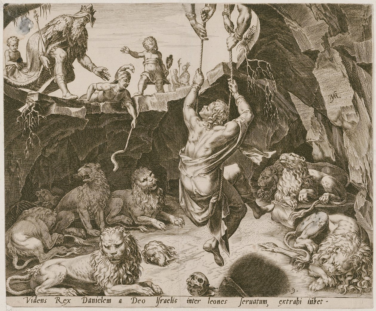 Daniel wird aus der Löwengrube befreit, Blatt 9 der Folge "Die Geschichte von Daniel, Bel und dem Drachen" von Philips Galle