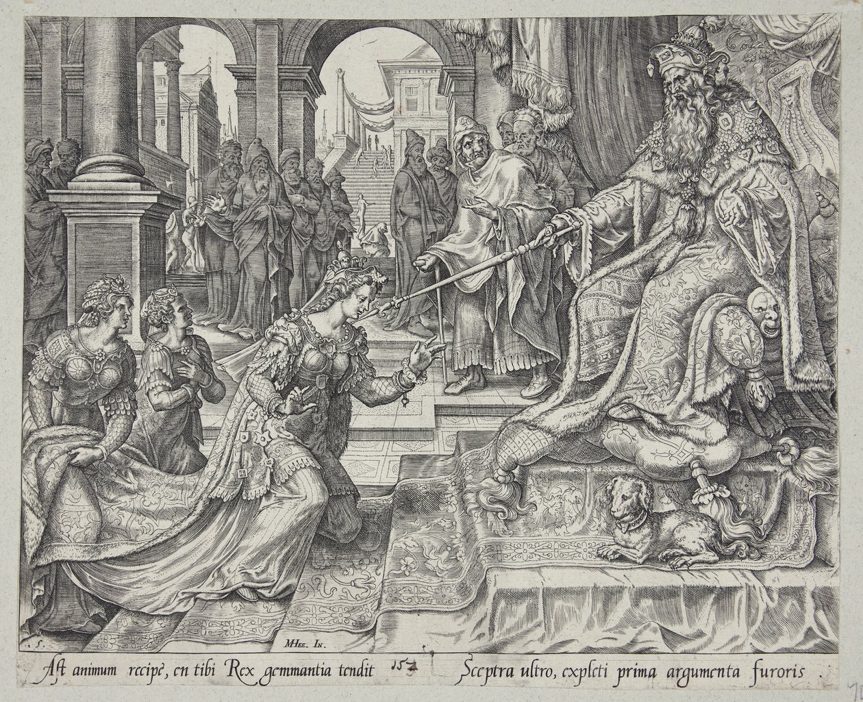 Esther vor Ahasverus, ihn zu einem Festmahl einladend von Philips Galle
