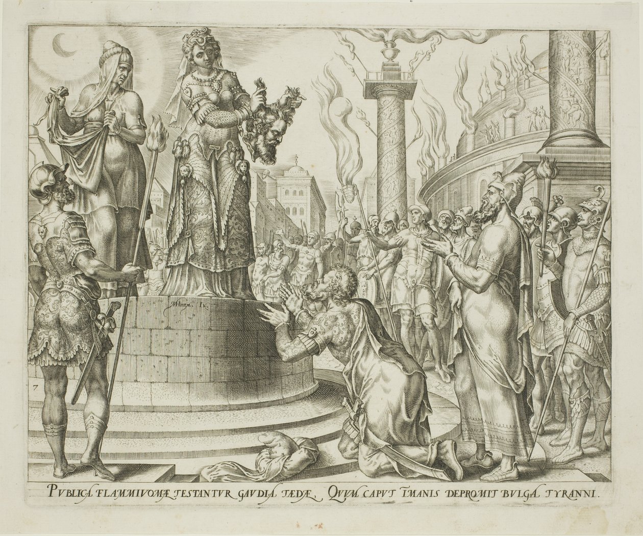 Judith zeigt den Menschen von Bethulia das Haupt des Holofernes, Platte sieben aus Die Geschichte von Judith und Holofernes von Philips Galle