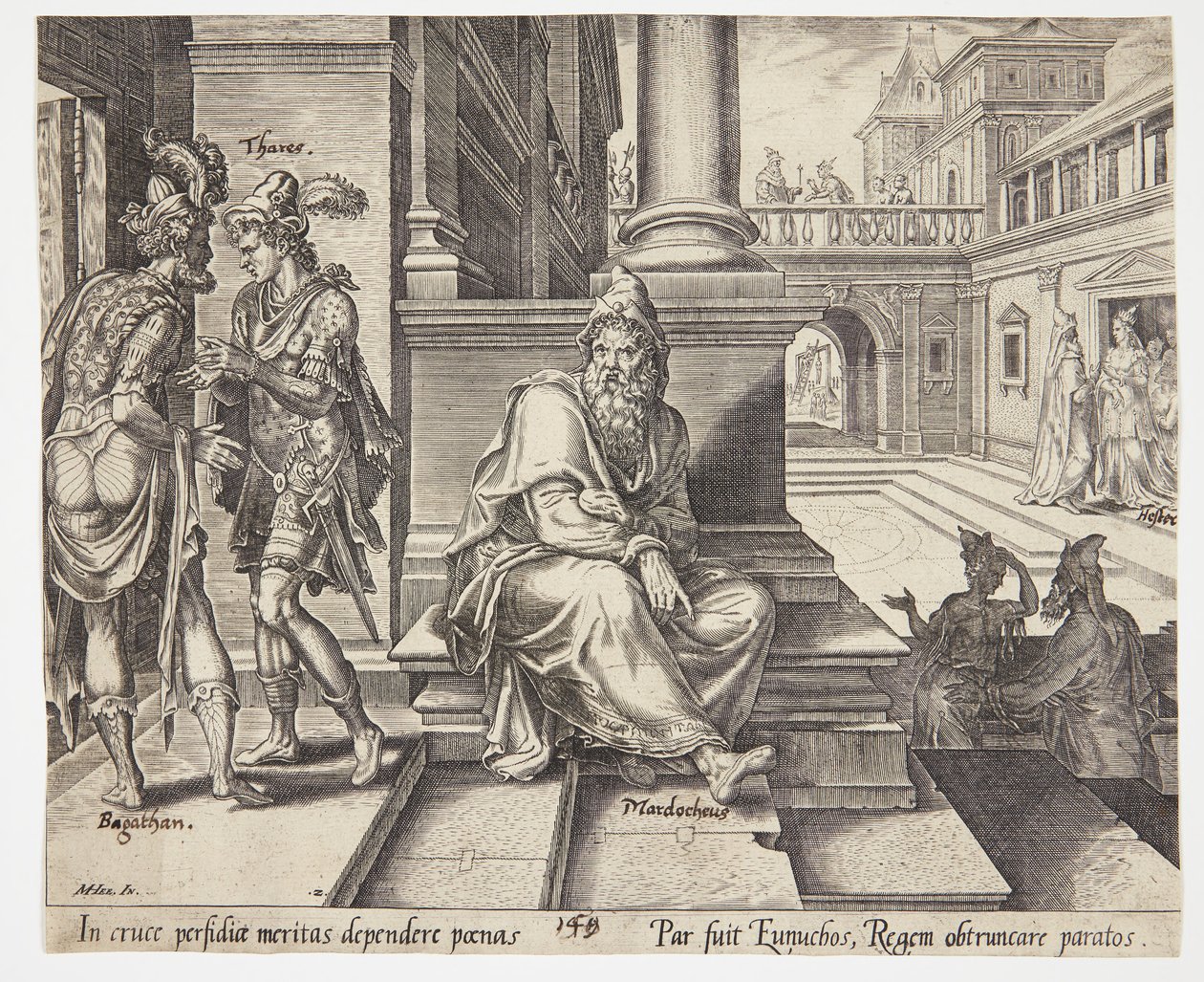 Mordechai belauscht den Verrat von Bigthan und Teresch von Philips Galle