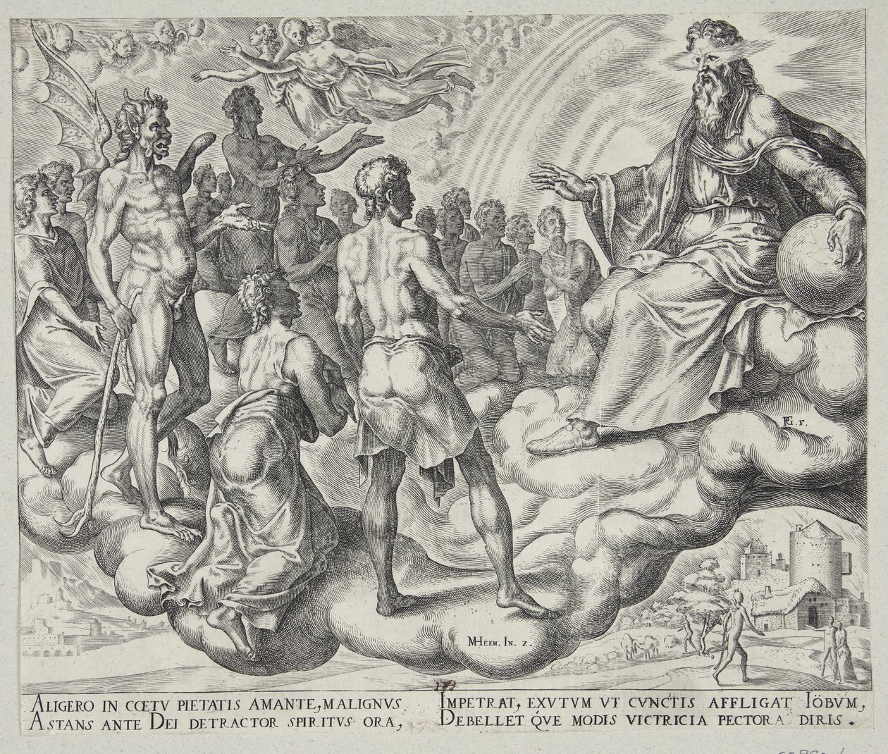 Die Söhne Gottes, Satan unter ihnen, stellen sich vor den Herrn von Philips Galle