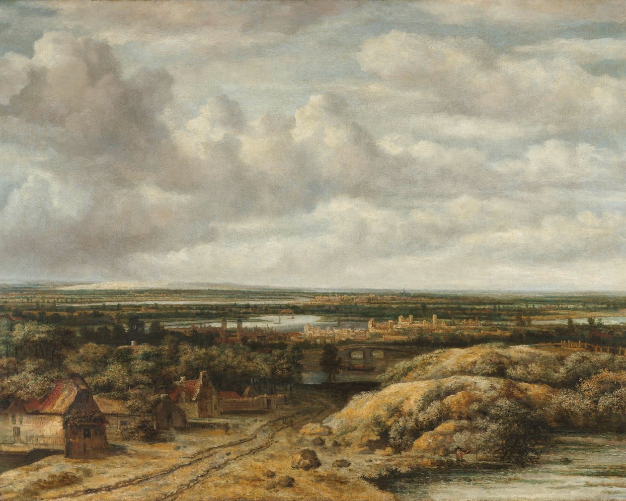 Fernsicht mit Hütten entlang einer Straße von Philips Koninck