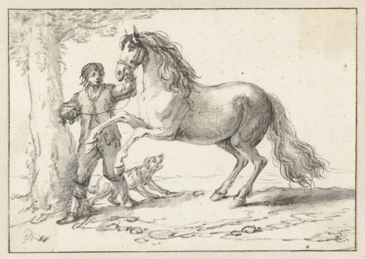 Junger Mann hält ein steigendes Pferd am Zügel, erschreckt von einem bellenden Hund von Philips Wouwerman