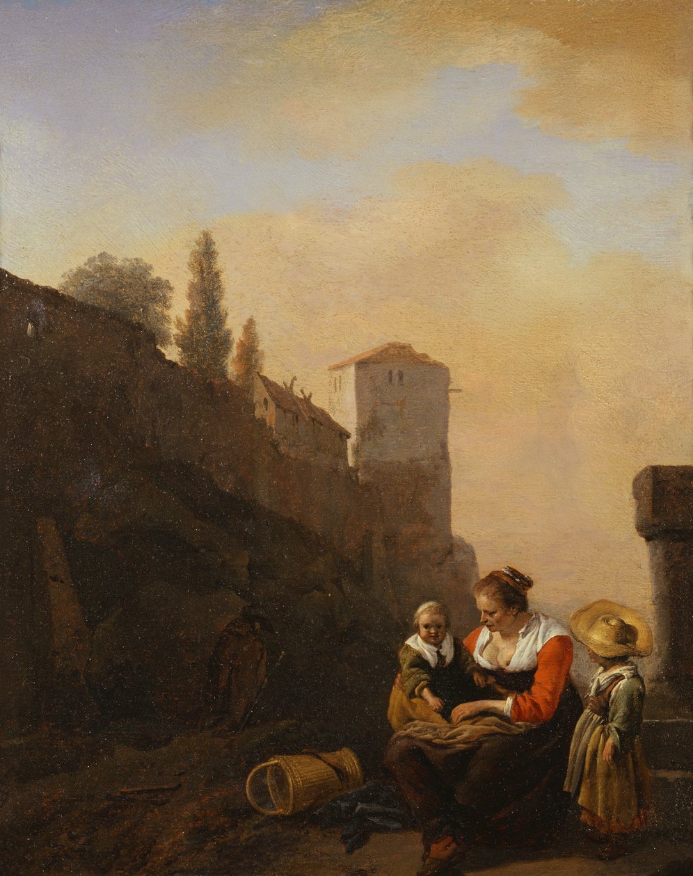 Ein Bauer und zwei Kinder ruhen vor einem Turm in Italien von Philips Wouwermans or Wouvermans