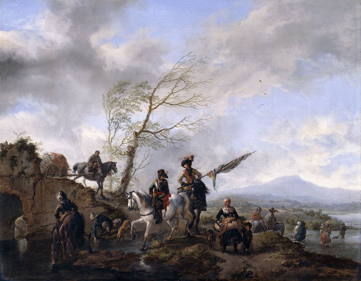 Eine weite Flusslandschaft mit Soldaten und einem Standartenträger, die ihre Pferde tränken von Philips Wouwerman