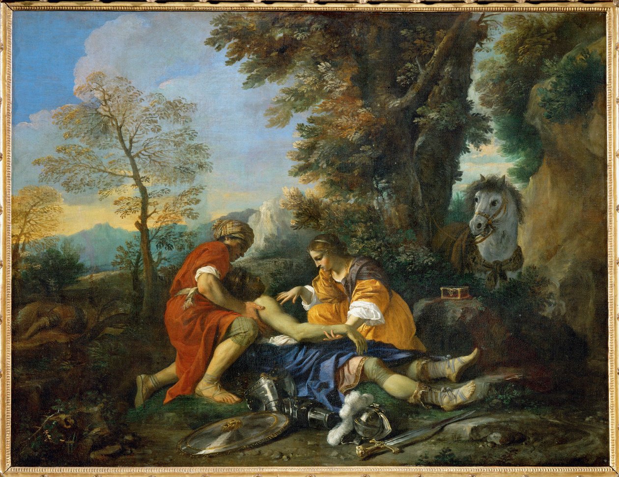 Herminie und Valfrino pflegen die Wunden von Tancred von Pier Francesco Mola