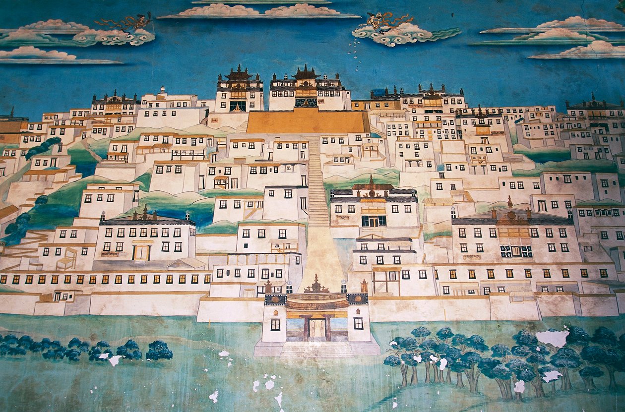 Fresko, das die Stadt im Ganden Sumtsenling-Kloster (Gompa) darstellt, Zhongdian (auf Tibetisch Gyalthang, 2001 von der chinesischen Regierung in Shangri-La umbenannt, um den Tourismus in diesem Gebiet des tibetischen Hochplateaus zu fördern), Provinz Yunn von Blaise Nicolas Le Sueur