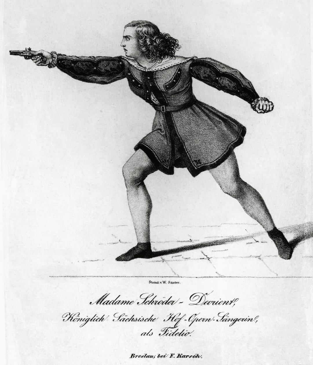 Porträt von Wilhelmine Schröder-Devrient, deutsche Sopranistin, in der Rolle der Leonora in Fidelio oder Die eheliche Liebe, von Ludwig van Beethoven, Gravur von Blaise Nicolas Le Sueur