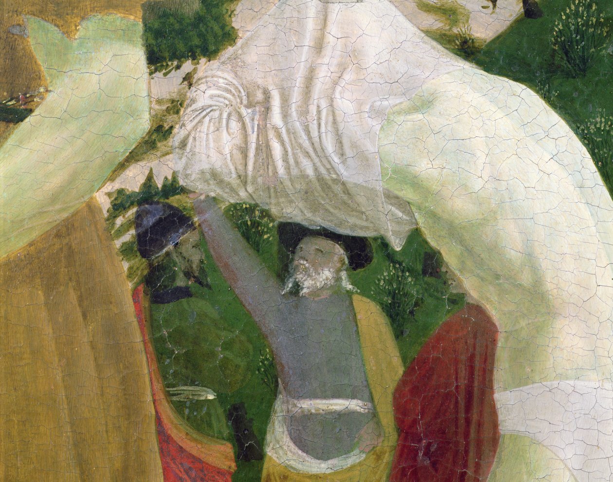 Taufe Christi, Detail des rechten Abschnitts, der einen Mann zeigt, der sich auf die Taufe vorbereitet von Piero della Francesca