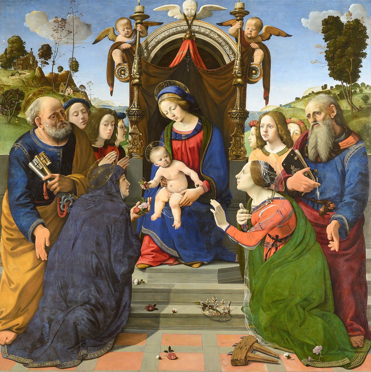 Madonna und Kind auf dem Thron mit den Heiligen Petrus, Johannes dem Evangelisten, Elisabeth von Ungarn (?), Katharina von Alexandrien und Engeln von Piero di Cosimo