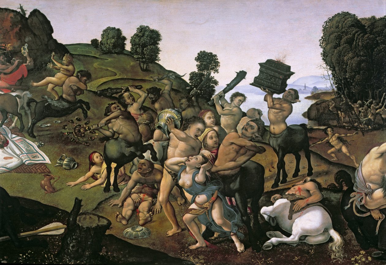 Der Kampf zwischen den Lapithen und den Kentauren, (Detail der Kentauren, die die Lapithen angreifen) ca. 1490er von Piero di Cosimo
