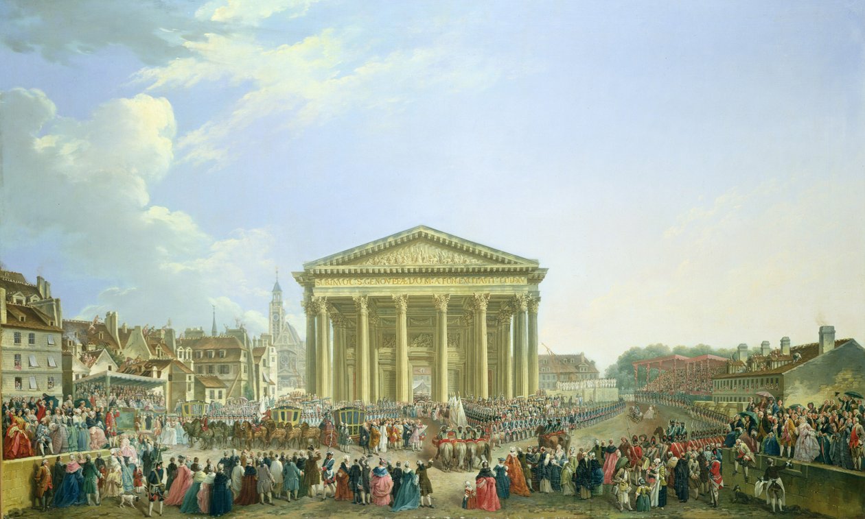 Zeremonie der Grundsteinlegung der neuen Kirche von St. Genevieve im Jahr 1763, 1764 von Pierre Antoine Demachy