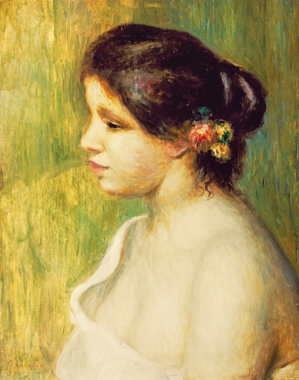 Junge Frau mit Blumen am Ohr von Pierre-Auguste Renoir