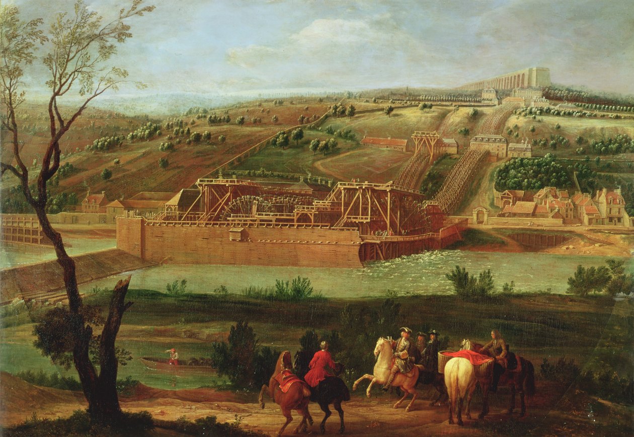 Ansicht der Marly-Maschine und des Aquädukts in Louveciennes, 1722 von Pierre Denis Martin