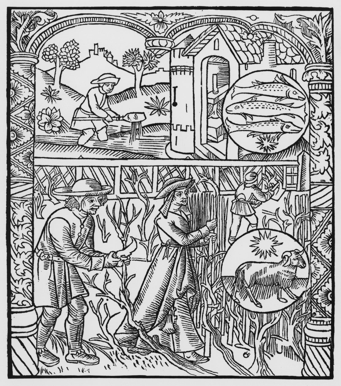 März, Angeln und Bäume beschneiden, Fische, Illustration aus dem 