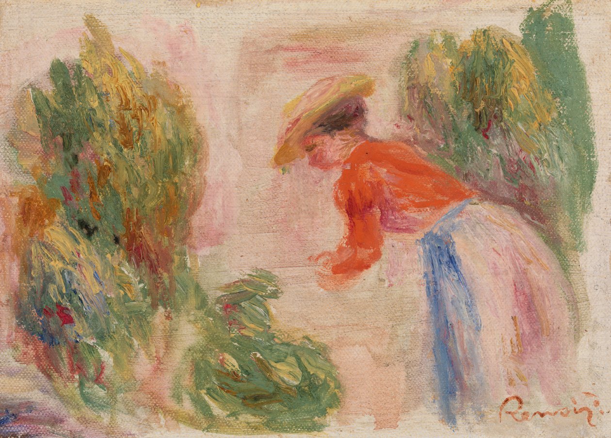 Frau, die Blumen sammelt von Pierre-Auguste Renoir