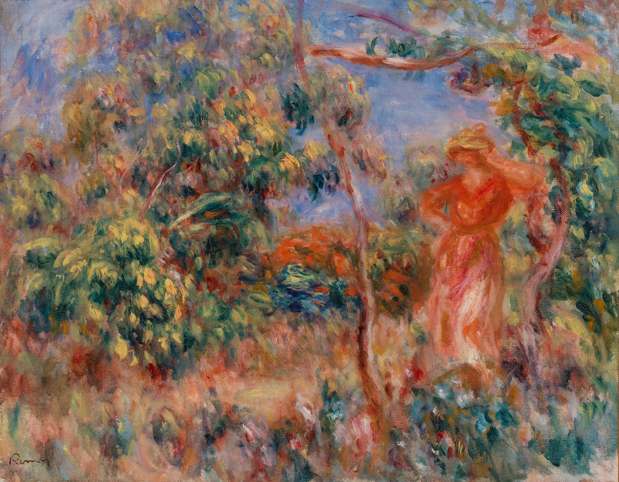 Frau in Rot in einer Landschaft von Pierre-Auguste Renoir