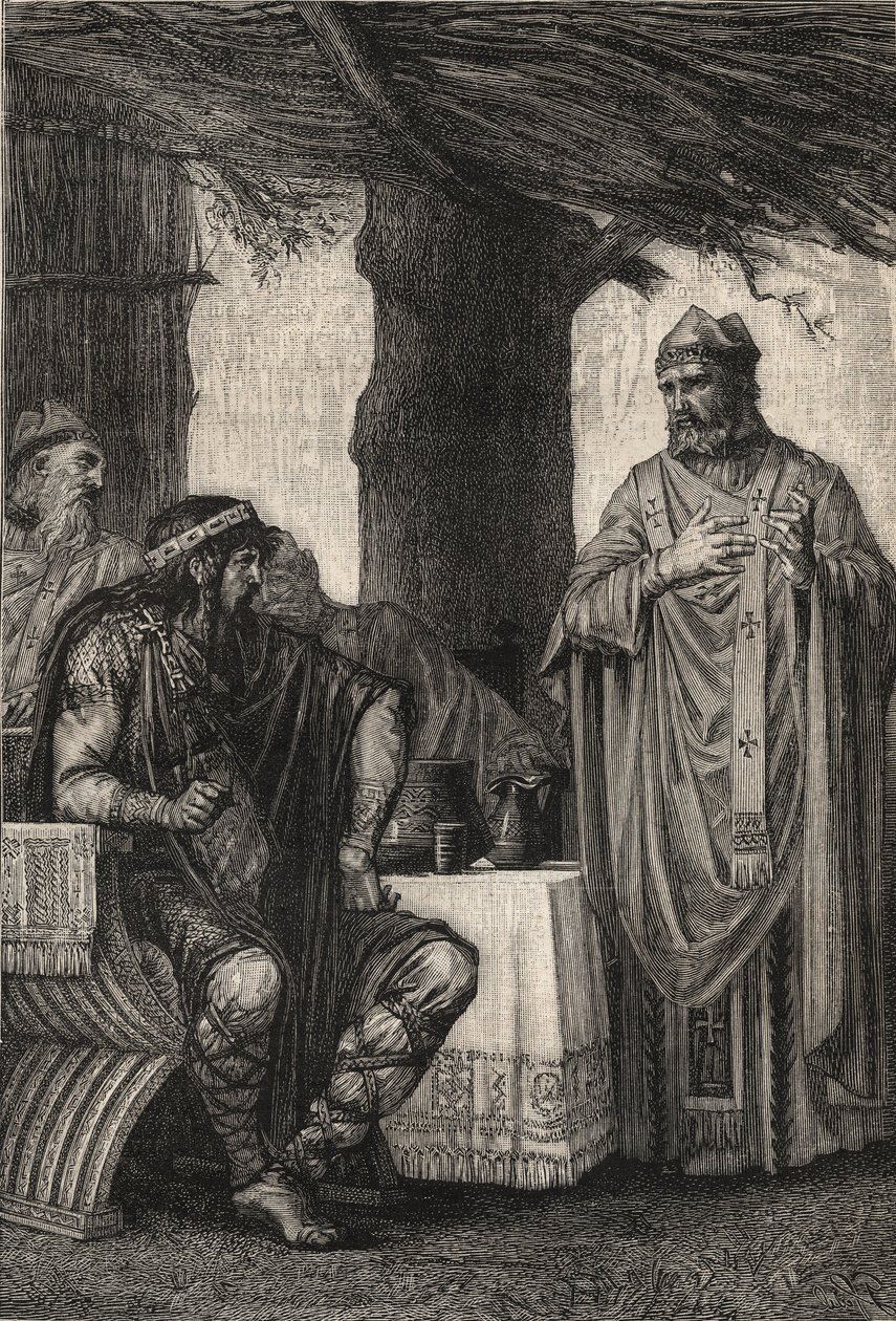 Heiliger Gregor von Tours (538-594) (Gregor von Tours) widersetzt sich Chilperich I. (539-584) Frankenkönig der Merowinger-Dynastie - Gravur von Pierre Fritel (1853-1942) von Pierre (after) Fritel