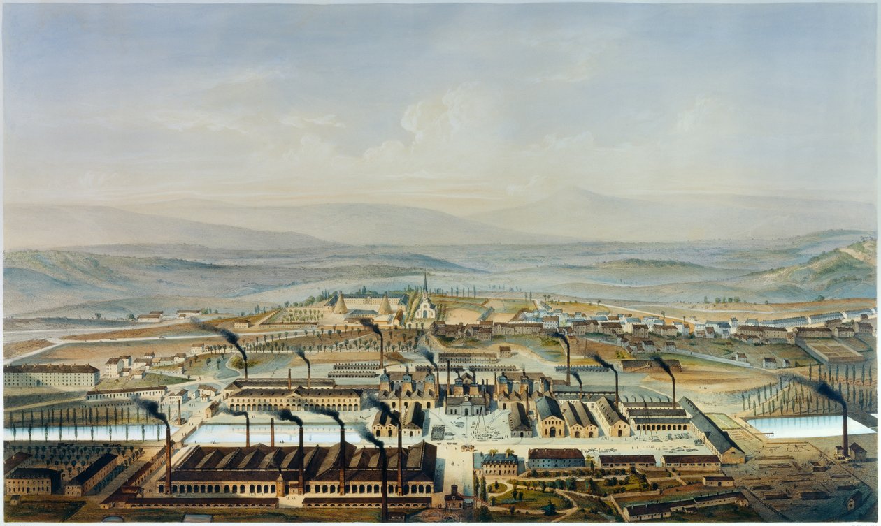 Ansicht der Creusot- und Chateau de la Verrerie-Werkstätten, Lithographie nach Aquarell von Pierre Tremaux (1818-1895) von Pierre (after) Tremaux