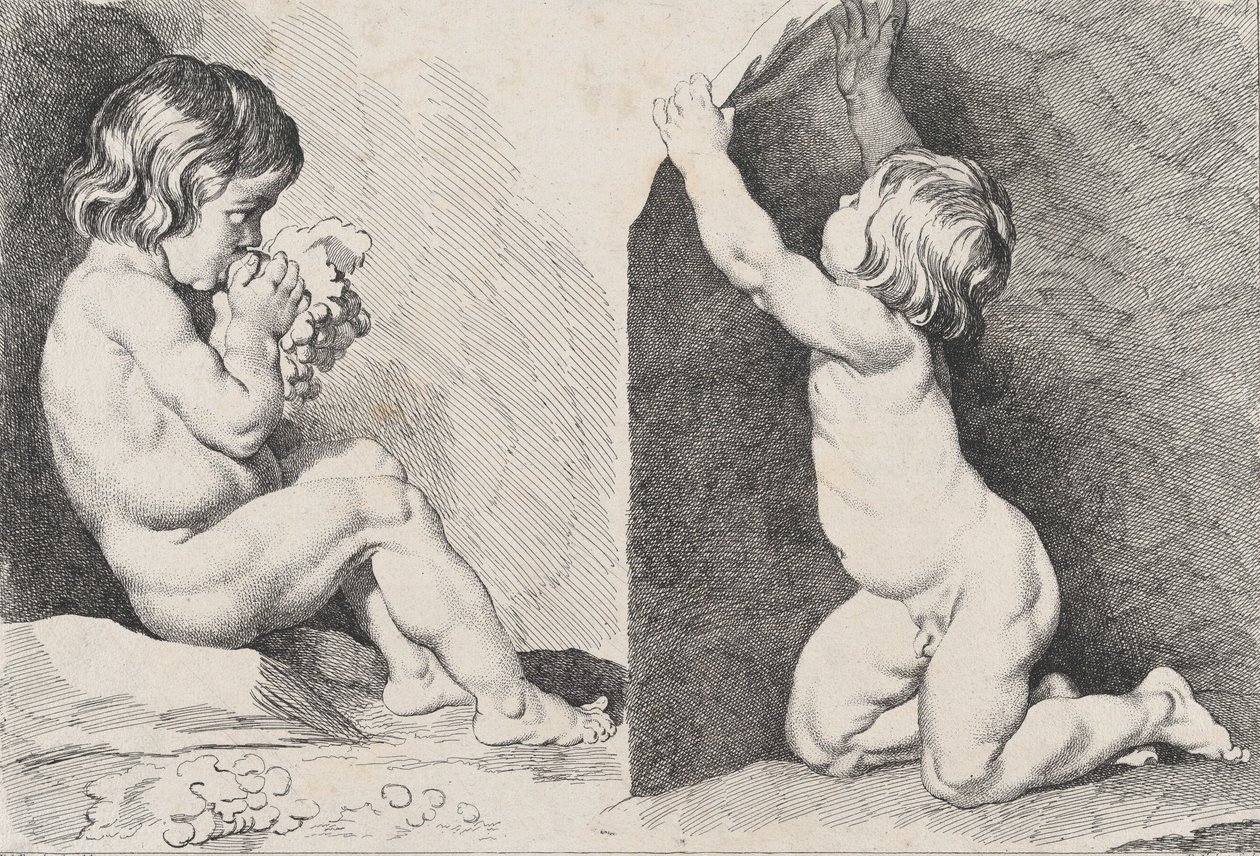 Zwei nackte Kinder, die Trauben essen, aus dem Neuen Kinderbuch, 1720-60 von Pierre Alexandre Aveline