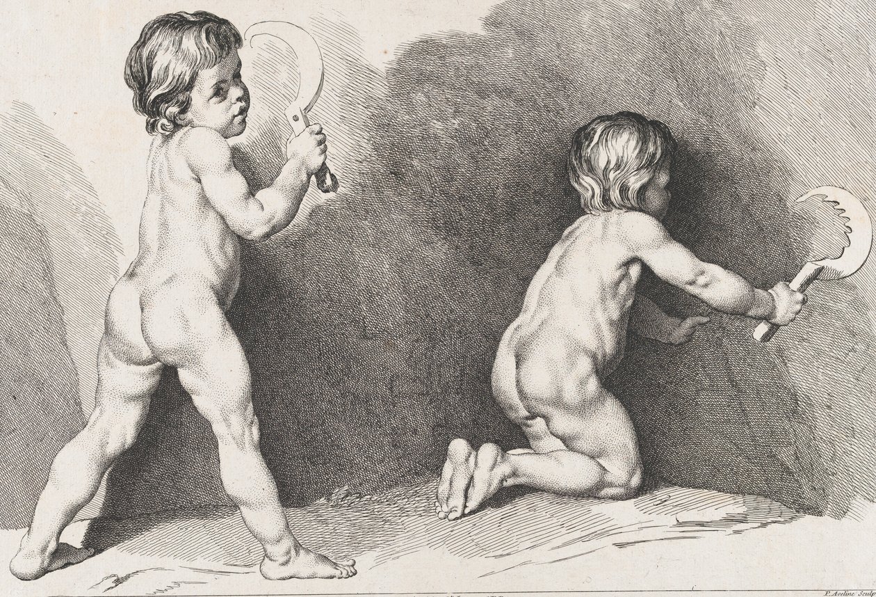 Zwei nackte Kinder stehen, aus dem Neuen Kinderbuch, 1720-60 von Pierre Alexandre Aveline
