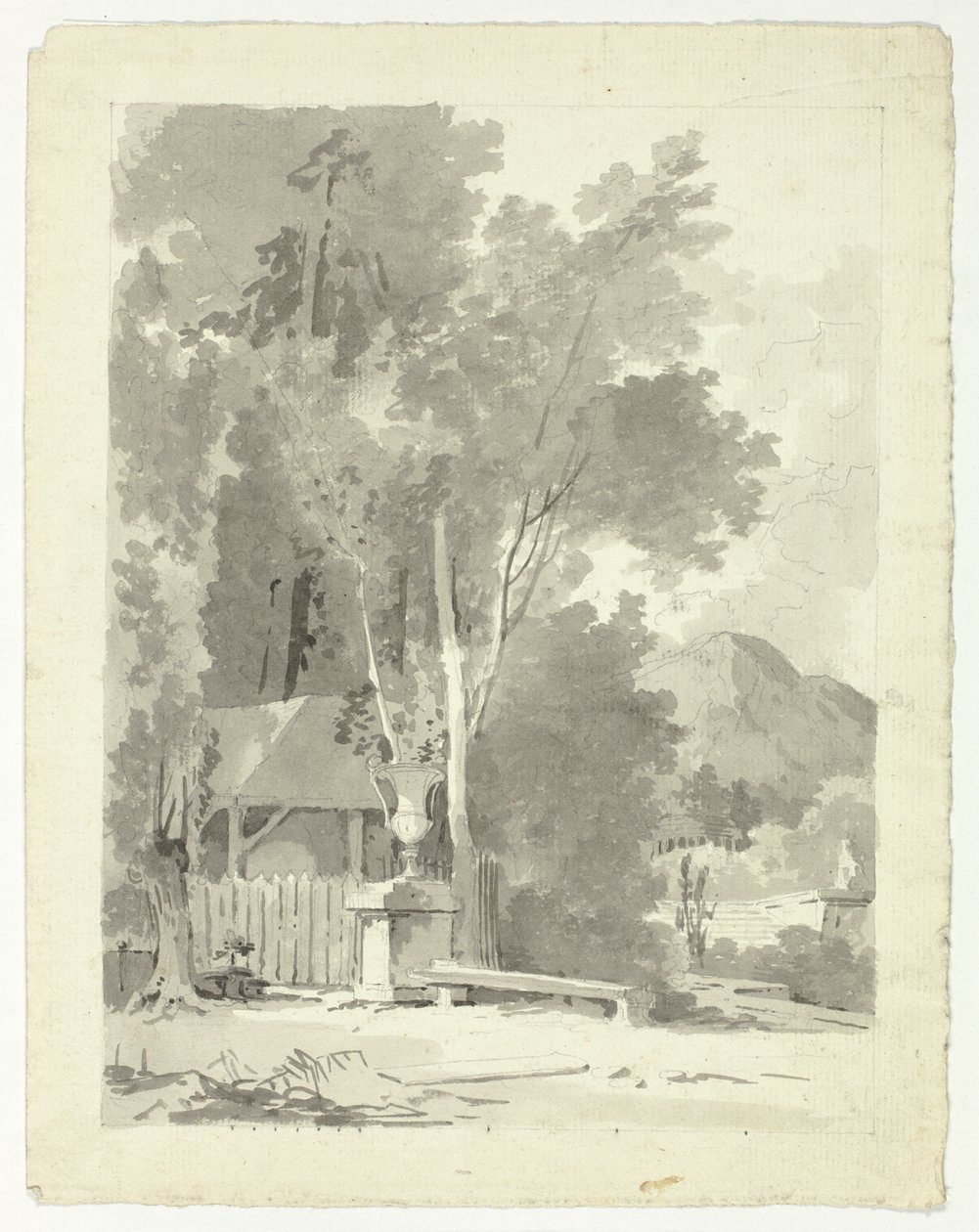 Klassische Urne vor einem Schuppen, mit Tempel und Berg im Hintergrund von Pierre Antoine Mongin
