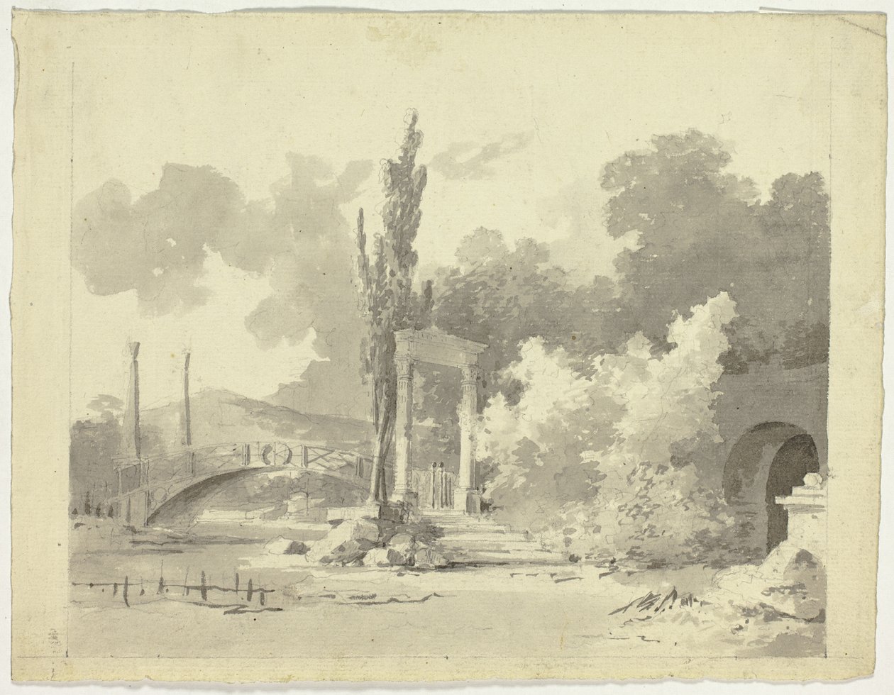 Ansicht des Parks von Versailles: Gewölbte Brücke mit Säulenzugängen von Pierre Antoine Mongin