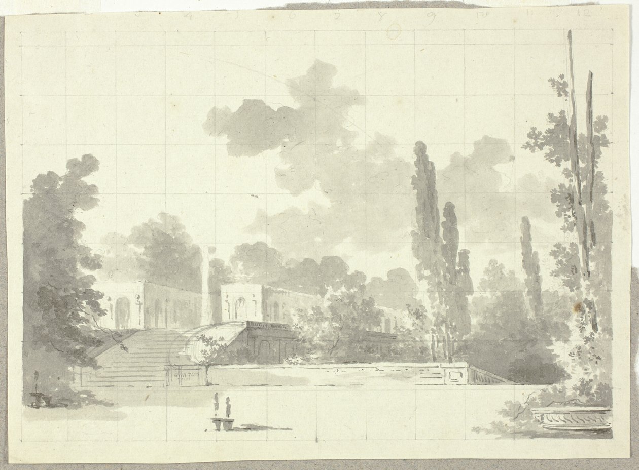 Ansicht des Parks von Versailles: Treppe zur Terrasse mit Tempel und Säule von Pierre Antoine Mongin