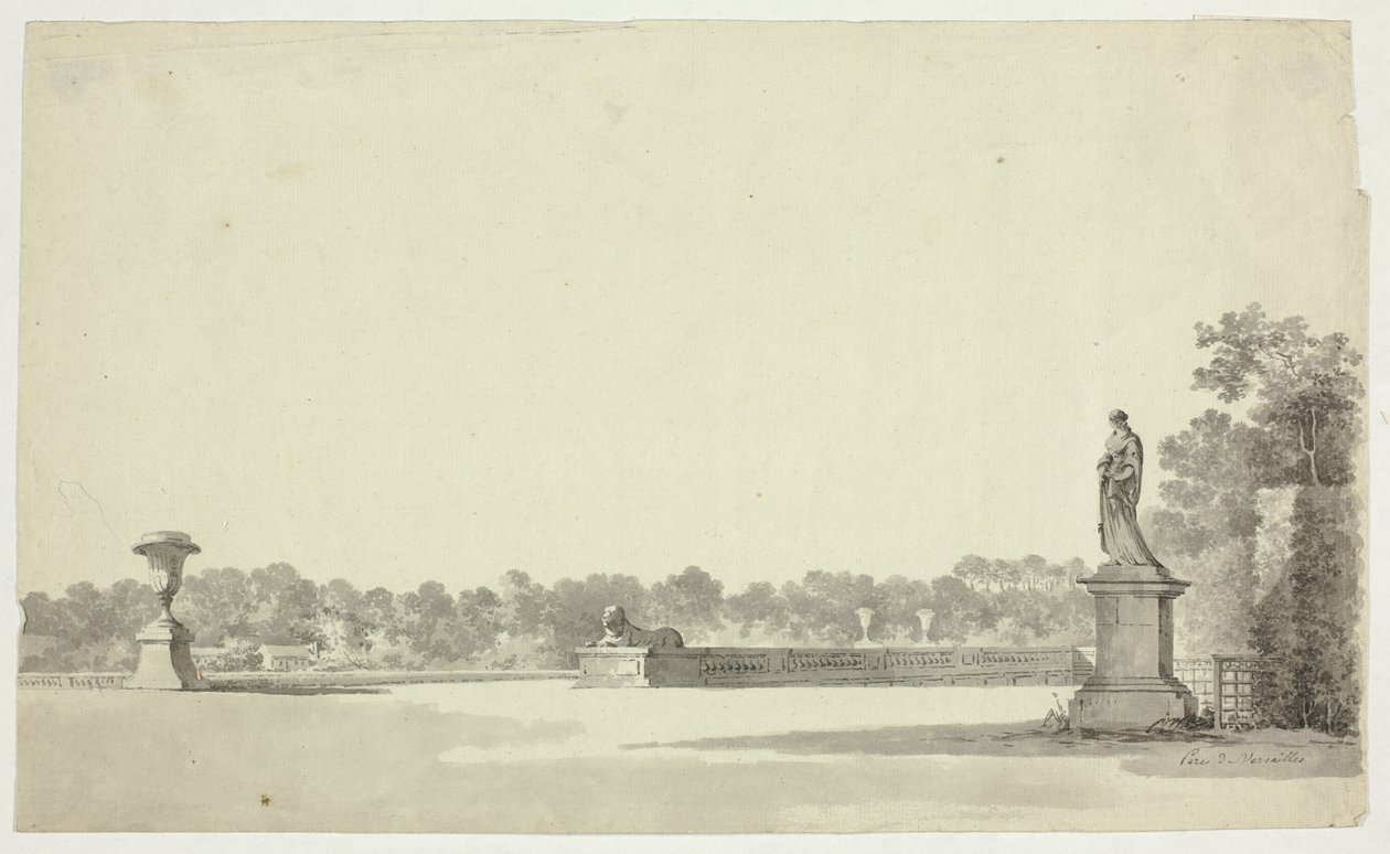 Blick auf den Park von Versailles: Terrasse mit Urne, Sphinx und weiblicher Statue von Pierre Antoine Mongin