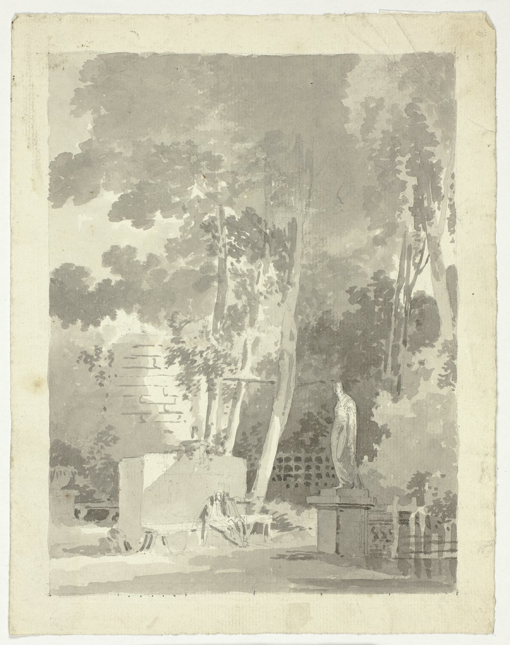 Ansicht des Parks von Versailles: Zwei Figuren auf einer Bank in einer Lichtung, weibliche Statue in der Nähe von Pierre Antoine Mongin