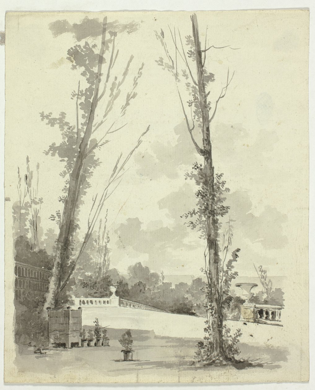 Blick auf den Park von Versailles: Zwei Pappeln mit balustriertem Weg im Hintergrund von Pierre Antoine Mongin