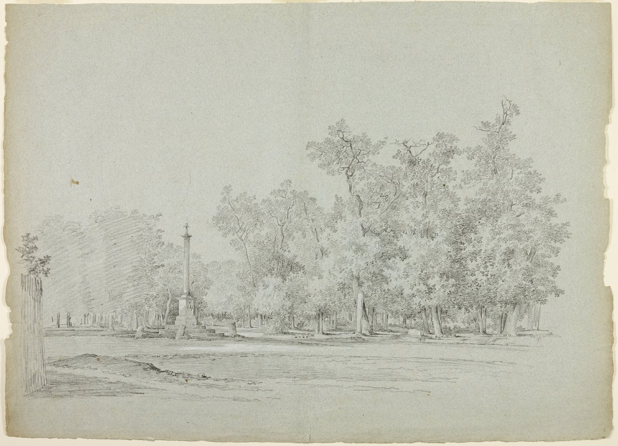 Ansicht des Parks von Versailles: Landschaft mit Gedenksäule und Baumhain von Pierre Antoine Mongin