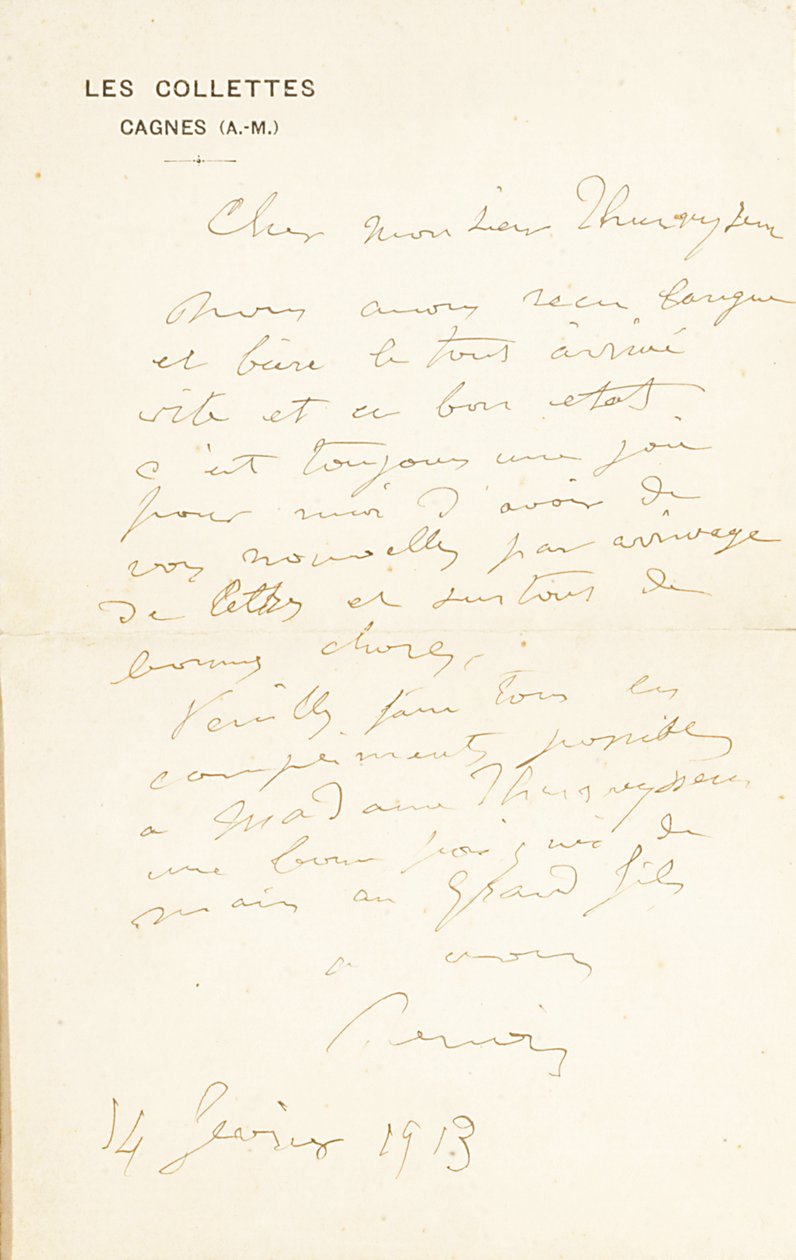 Autographenbrief an Dr. Fritz Thurneyssen, Paris und Les Collettes, 24. Juni 1908 von Pierre Auguste Renoir