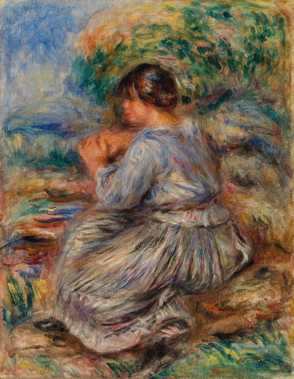 Mädchen, das in einer Landschaft sitzt von Pierre Auguste Renoir